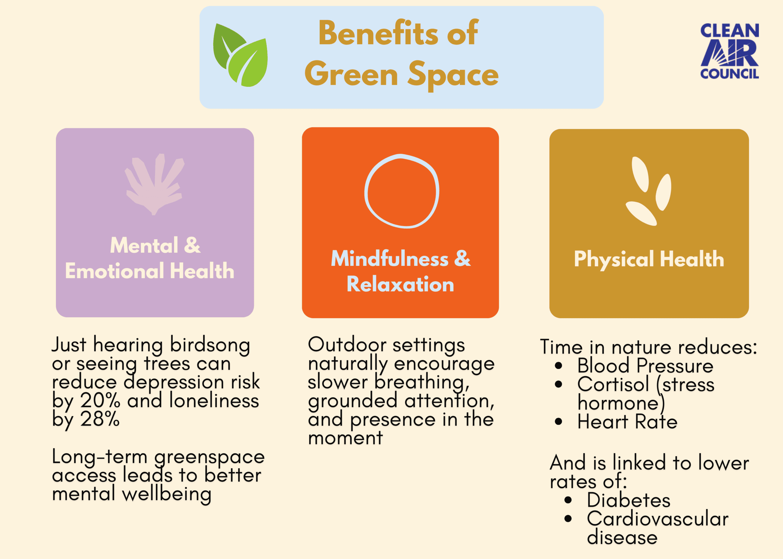 Benefits of Green Space. Mental & Emotional Health: Just hearing birdsong or seeing trees can reduce depression risk by 20% and loneliness by 28% Long-term greenspace access leads to better mental wellbeing. Mindfulness & Relaxation: Outdoor settings naturally encourage slower breathing, grounded attention, and presence in the moment. Physical Health: Time in nature reduces: Blood Pressure Cortisol (stress hormone) Heart Rate And is linked to lower rates of: Diabetes Cardiovascular disease