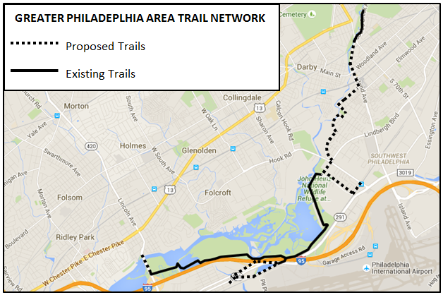 Map of the Greater Philadelphia Area's network of existing and proposed trails.