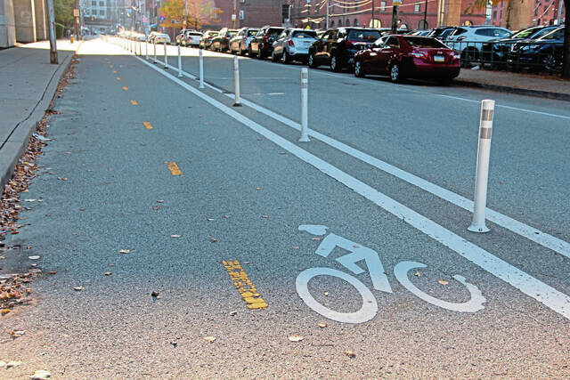 A bike lane along 14th street in Pittsburgh’s Strip District