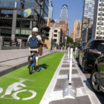 The parking-protected bike lane on the north side of the Chestnut Street Bridge in Center City.