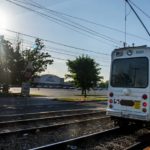 Photo of a SEPTA trolley running on tracks.