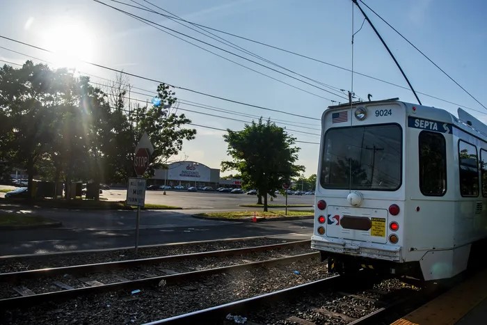 Photo of a SEPTA trolley running on tracks.