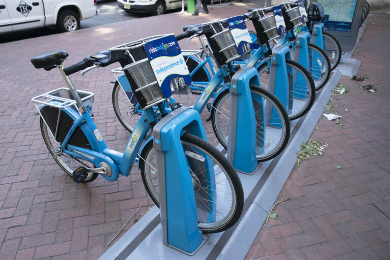 Indego bicycles set in a rack in Philadelphia