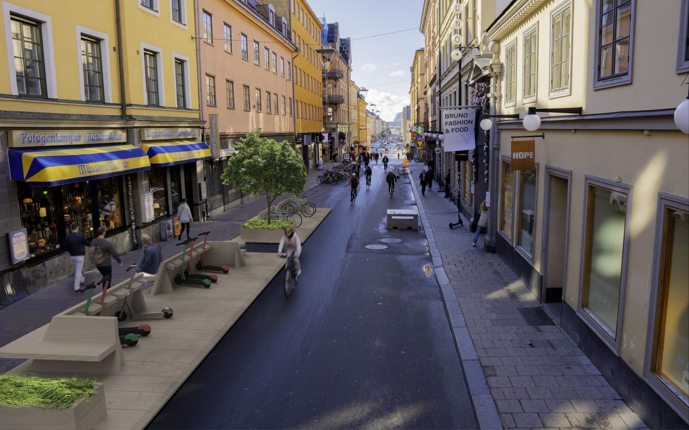 Sweden’s Street Moves project aims to introduce adaptable curb elements like this scooter-parking and seating unit to every street in the nation by 2030.