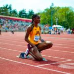 Titania on a track in starting blocks